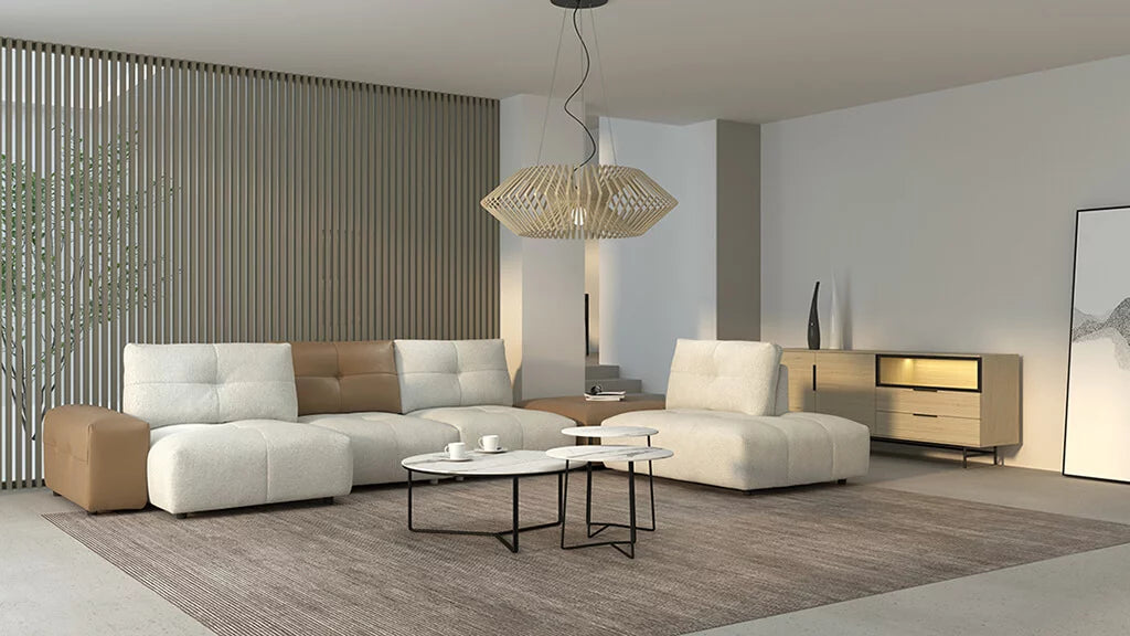 Magic Sofa Leder Cognac + Oasis 01 Natural Linkse Hoek