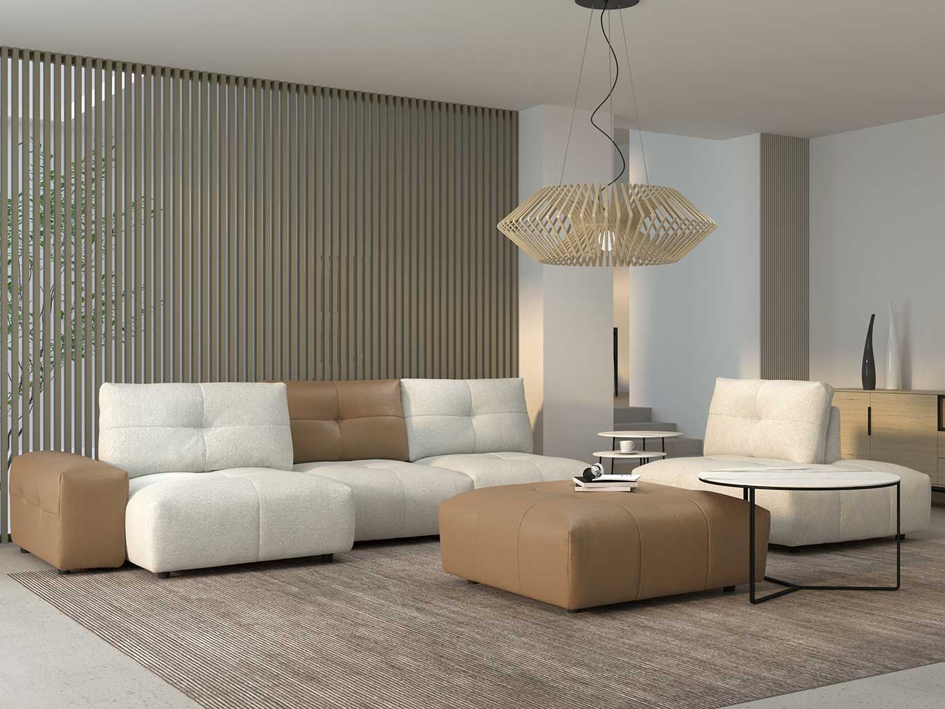 Magic Sofa Leder Cognac + Oasis 01 Natural Linkse Hoek